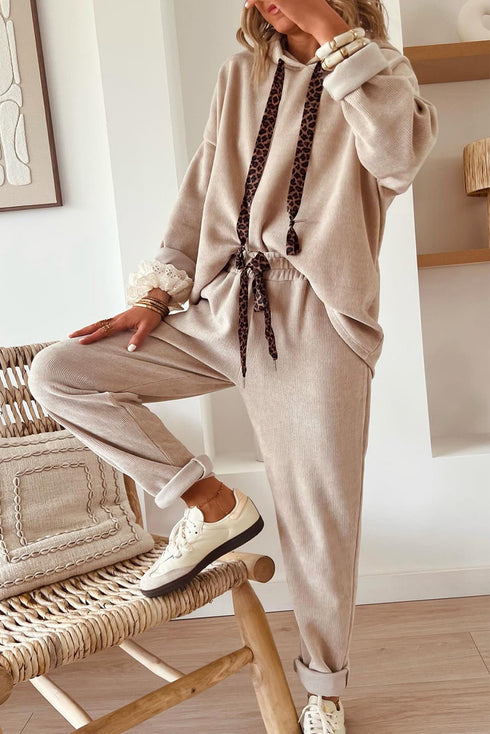 Leopard Tie Corduroy Hoodie High Waist Jogger Pant Set